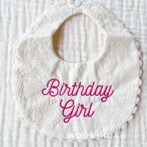Personalized Embroidered Gauze Baby Bib: First Birthday, Pompom Trim