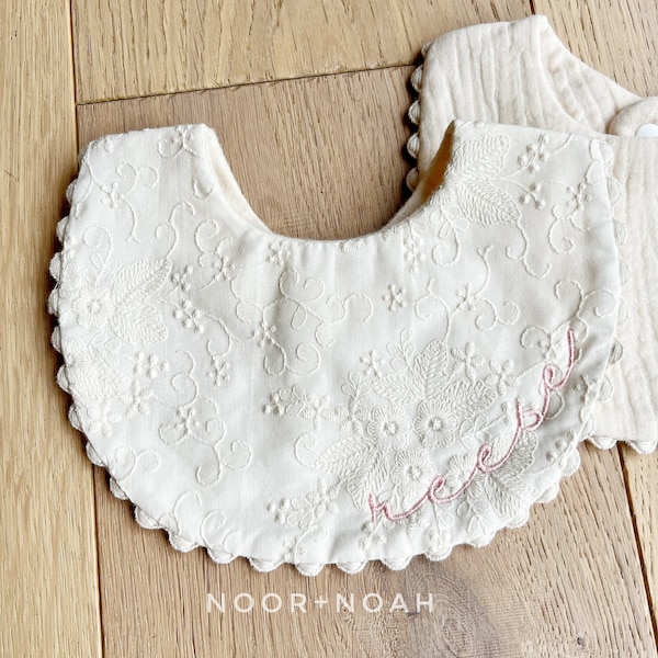 Embroidered Cotton Gauze Baby Bib: Personalized Lace Trim