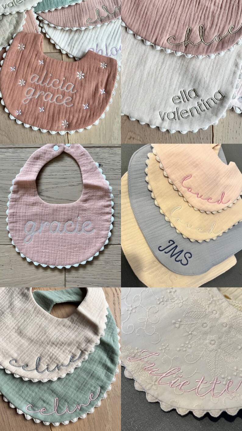 Embroidered baby bib, burp cloth, gauze bib, pompom bib, lace bib, baby swaddle, personalized bib, bib with name, baby accessories image 4