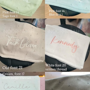 May include: Embroidered baby blankets in various pastel colors, including pink, green, and blue. Each blanket features a name embroidered in a contrasting color, with different font styles. The blankets are made of a soft, textured material.