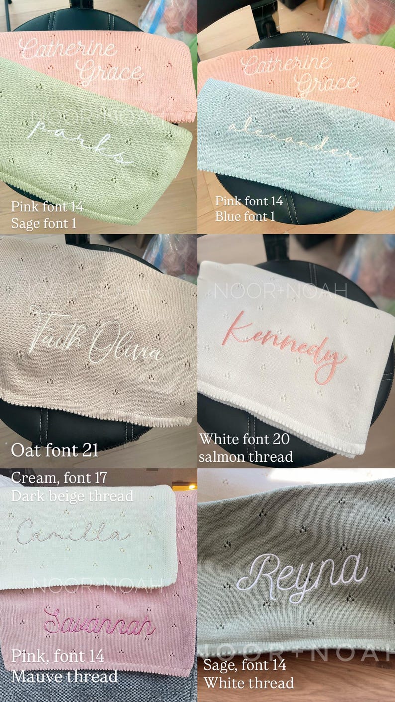 May include: Embroidered baby blankets in various pastel colors, including pink, green, and blue. Each blanket features a name embroidered in a contrasting color, with different font styles. The blankets are made of a soft, textured material.