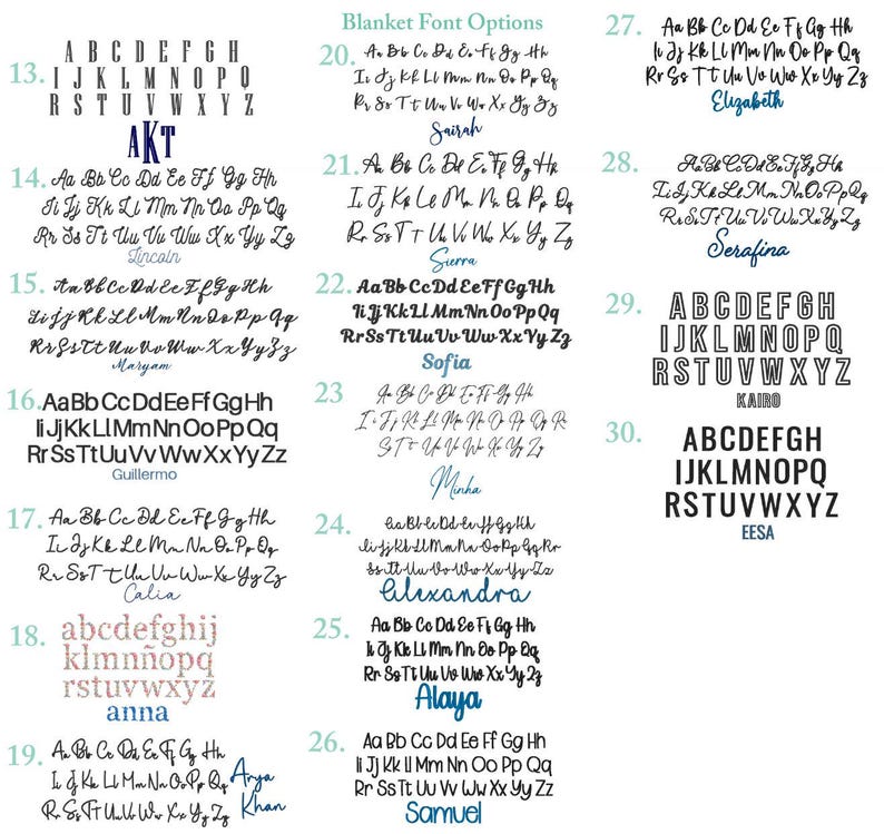 May include: A white background displays various font options for blankets. The fonts range from simple block letters to elegant cursive styles. Each font is accompanied by a sample of the alphabet and a name, such as 'Lincoln' or 'Sofia'.