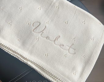 Personalized Knit Baby Blanket: Pointelle Swaddle, Newborn Gift