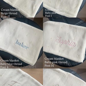 May include: Cream-colored baby blankets with embroidered names in various fonts and thread colors. The blankets have a scalloped edge and a dotted pattern. Names include Bella, Hallie, Baker, Sophia, Evelyn, and Violet.
