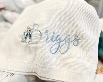 Embroidered Peter Rabbit Baby Blanket, Personalized Knit Cotton, Baby Shower Gift
