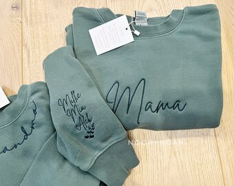 SAGE Dada Mama Sweatshirt, Kragenstickerei, Name am Ärmel, Mom Dad Besticktes Sweatshirt, Mama Mini Passend, Familie Passender Pyjama