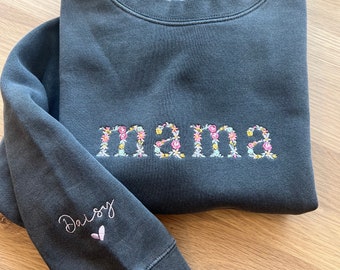 Gesticktes Mama Sweatshirt: Blumenbeschriftung, personalisierte Mama Pullover