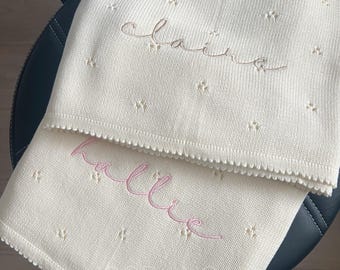 Personalized Knit Baby Blanket: Pointelle Swaddle, Newborn Gift, baby announcement, baby shower, Arabic Hebrew embroidery, baptism