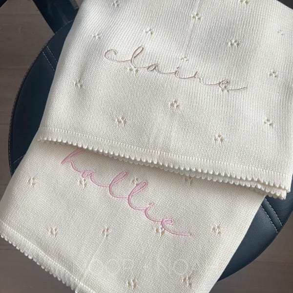 Personalized Knit Baby Blanket: Pointelle Swaddle, Newborn Gift, baby announcement, baby shower, Arabic Hebrew embroidery, baptism