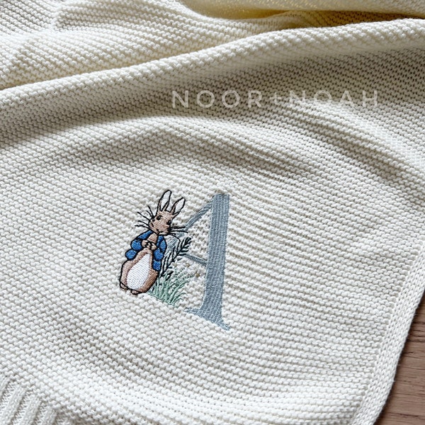 Personalized Knit Baby Blanket, Hospital Newborn Baby Shower Gift, easter basket, peter rabbit nursery, bunny monogram, cottontail swaddle