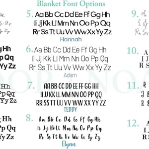 May include: A white background displays 12 different font options for personalized blankets. Each font is shown with the alphabet and a sample name. Fonts range from classic to script styles, with options for monograms.