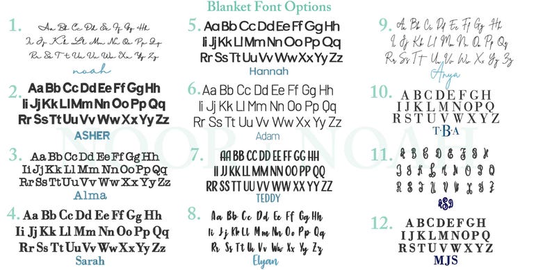 May include: A white background displays 12 different font options for personalized blankets. Each font is shown with the alphabet and a sample name. Fonts range from classic to script styles, with options for monograms.