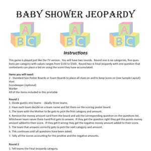 Baby Shower Jeopardy DIGITAL DOWNLOAD, Trivia Game, Baby Shower Game, Baby Sprinkle Game, New Baby Shower Game, Pregnancy Party Game