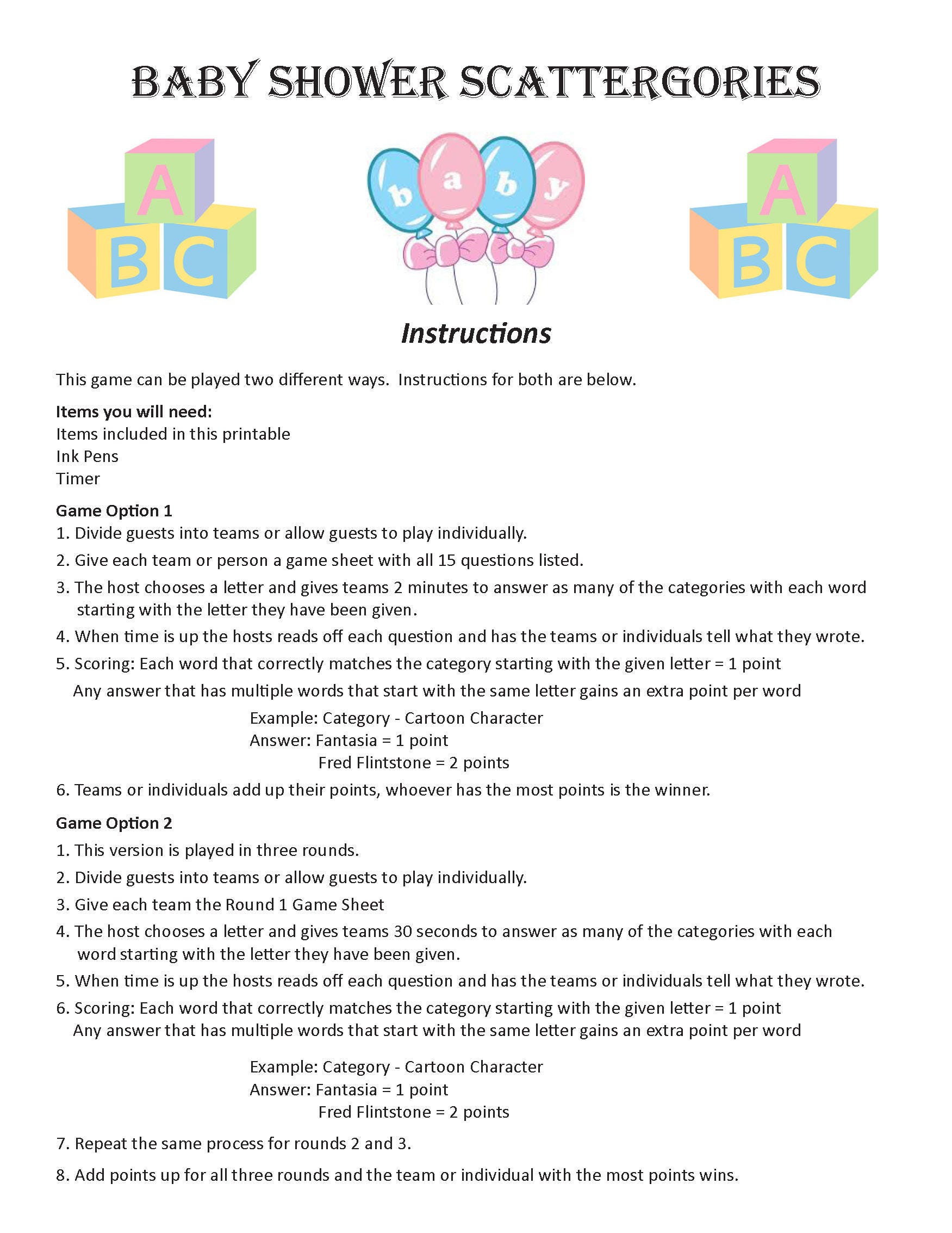 Baby Shower Scattergories Digital Download Word Game Baby Etsy