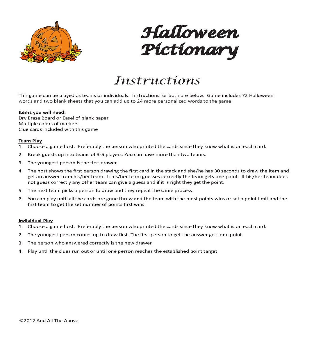 Halloween Pictionary DIGITAL DOWNLOAD, Drawing Game, Halloween Party