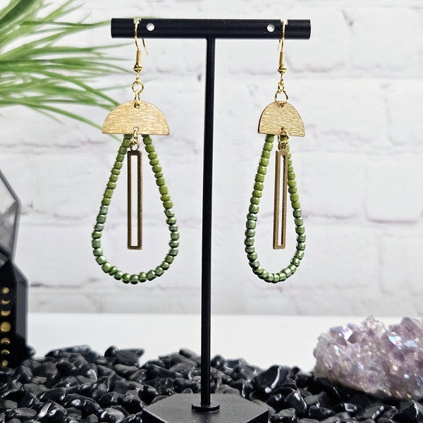 Antares Earrings Handmade Jewelry Ready to Ship Gift Beaded Brass Green Dangly Cute Everyday Accessory Chic Gold One of a Kind Art for Ears