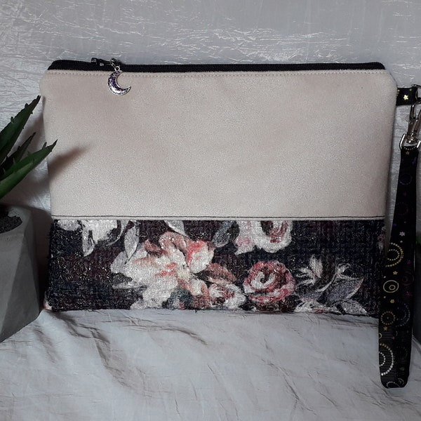 Pochette à dragonne cérémonie soirée fête mariage suédine écrue/tissu fleurs