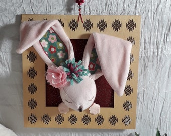 Décoration trophée doudou lapin tissu velours chambre bébé enfant