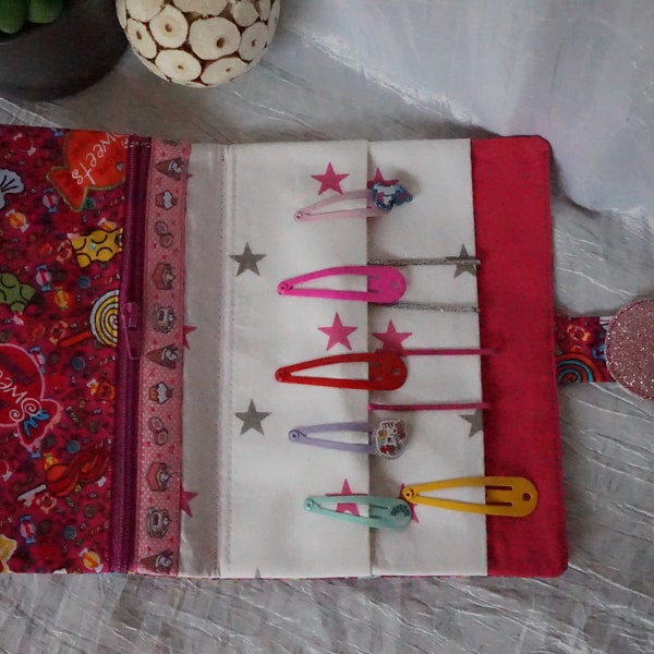 Pochette à barrettes idée cadeau fillette bonbons multicolores rond pailletée