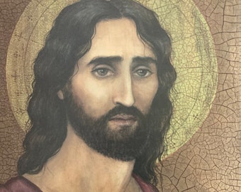 May include: A painting of Jesus Christ with a crown of thorns and a bleeding heart. The painting is in a traditional style with a gold background.