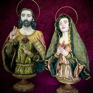 Antique-style OOAK Hand-sculpted Sacred and Immaculate Heart Busts
