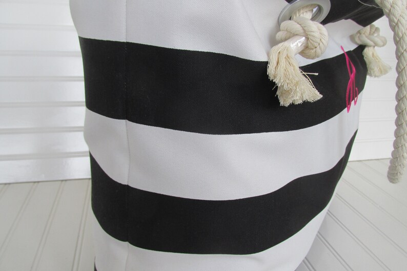 PERSONALIZED Beach Bag XL Zippered Tote Bag Black and White Stripe Beach Tote Bag Rope Handles Vacation Bag