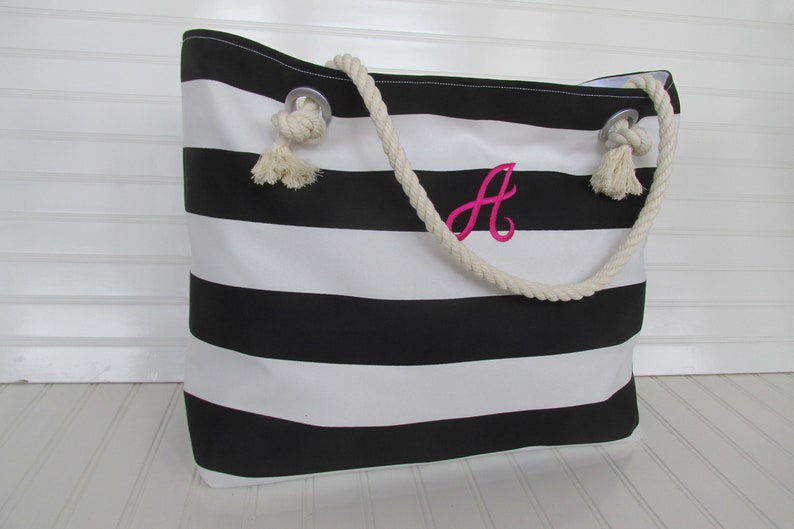 PERSONALIZED Beach Bag XL Zippered Tote Bag Black and White Stripe Beach Tote Bag Rope Handles Vacation Bag