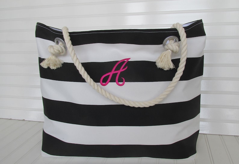 PERSONALIZED Beach Bag XL Zippered Tote Bag Black and White Stripe Beach Tote Bag Rope Handles Vacation Bag