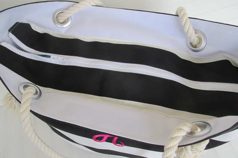 PERSONALIZED Beach Bag XL Zippered Tote Bag Black and White Stripe Beach Tote Bag Rope Handles Vacation Bag