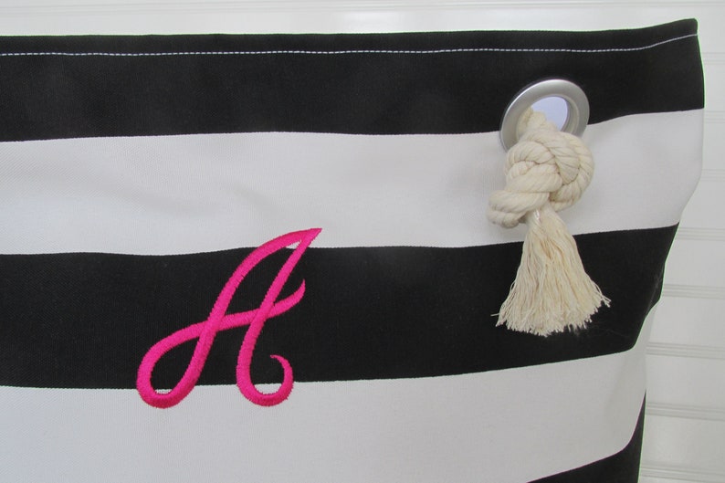 PERSONALIZED Beach Bag XL Zippered Tote Bag Black and White Stripe Beach Tote Bag Rope Handles Vacation Bag