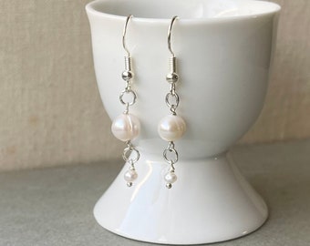 Perlen Tropfen Ohrringe, 925 Weiß Perlen Ohrringe, Süsswasserperlen, Silber Perlen Ohrringe, Silberdraht Handmade