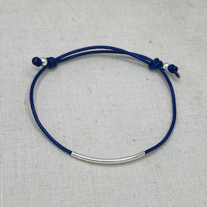 Simplicity Bracelet: Sterling Silver Curve, 925 Beads, On Blue Leather Bracelet, Minimalist Silver Leather Bracelet, 925 Accent Bracelet