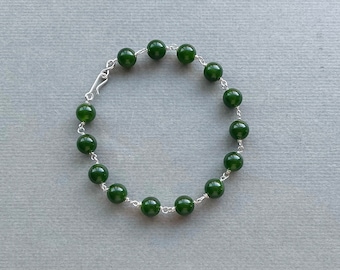 Green Jade Beaded Bracelet, Sterling Silver Wire Wrapped Bracelet, Silver & Jade Bead Bracelet, Jade Jewelry, Sterling Wire-Wrapped Jewelry