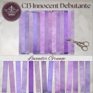 Puede incluir: Colección de tiras de papel color lavanda con textura grunge, etiquetadas como "C13 Innocent Debutante" y "Lavender Grunge". La imagen incluye tijeras decorativas y un logotipo con el texto "The House of Crowns, Artistry & Keepsakes."