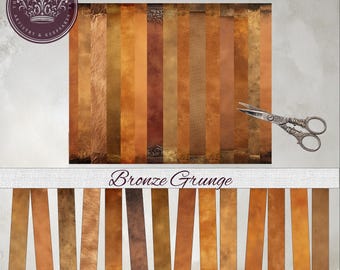 May include: A digital paper pack titled "C24 Burnished Bronze" and "Bronze Grunge" featuring various textured bronze and brown patterns. Includes decorative scissors and a logo with the text "The House of Crowns, Artistry & Keepsakes."