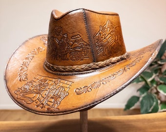 Sombrero de cuero vaquero marrón, gorra de rodeo boho, estilo occidental, tela genuina, regalo duradero del interior