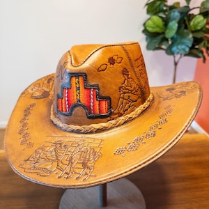 Origen Hats - Brown Cowboy Leather Hat, Boho Rodeo Cap, Western Style, Genuine Fabric, Outback Durable Gift Size Medium