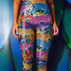 Rainbow Jaguar Leggings - Leopard, animal print (eco lycra). Festival outfit, rave outfit, active wear, yoga.