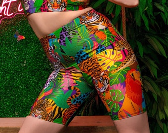 Feline Fierce Cycling Shorts - Tiger, Leopard, Jungle print (eco lycra). Festival outfit, rave oufit, festival set, active wear, yoga.