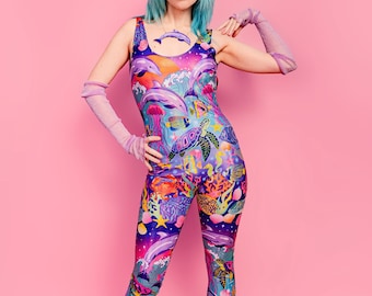 Enchantment Under the Sea Shimmer Catsuit - dolphin, fish, underwater print (eco lycra). Festival outfit, Rave outfit, Unitard.