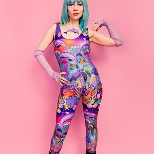 Enchantment Under the Sea Shimmer Catsuit - dolphin, fish, underwater print (eco recycled spandex). Festival outfit, Rave outfit, Unitard.