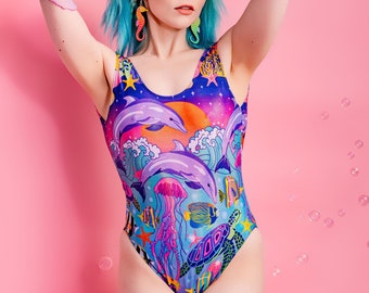 Enchantment Under the Sea Shimmer Swimsuit - (eco lycra) - dolphin, fish, underwater print, bodysuit
