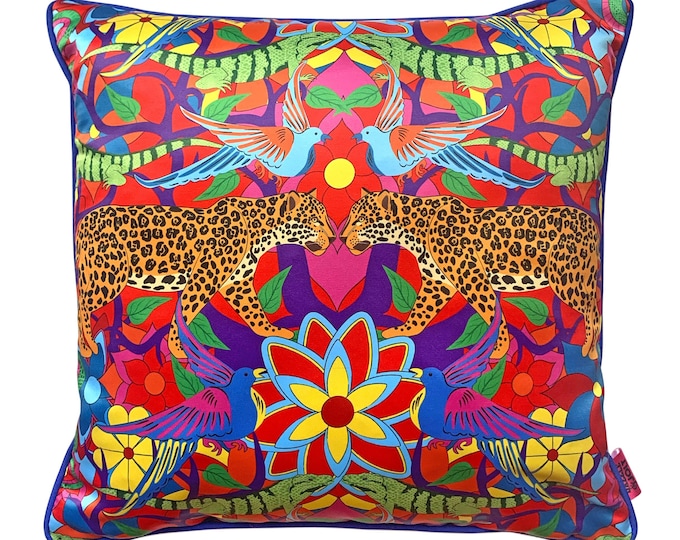 Jaguar Jungle Luxury Cushion - Colourful statement home decor, maximalist, leopard, animal print
