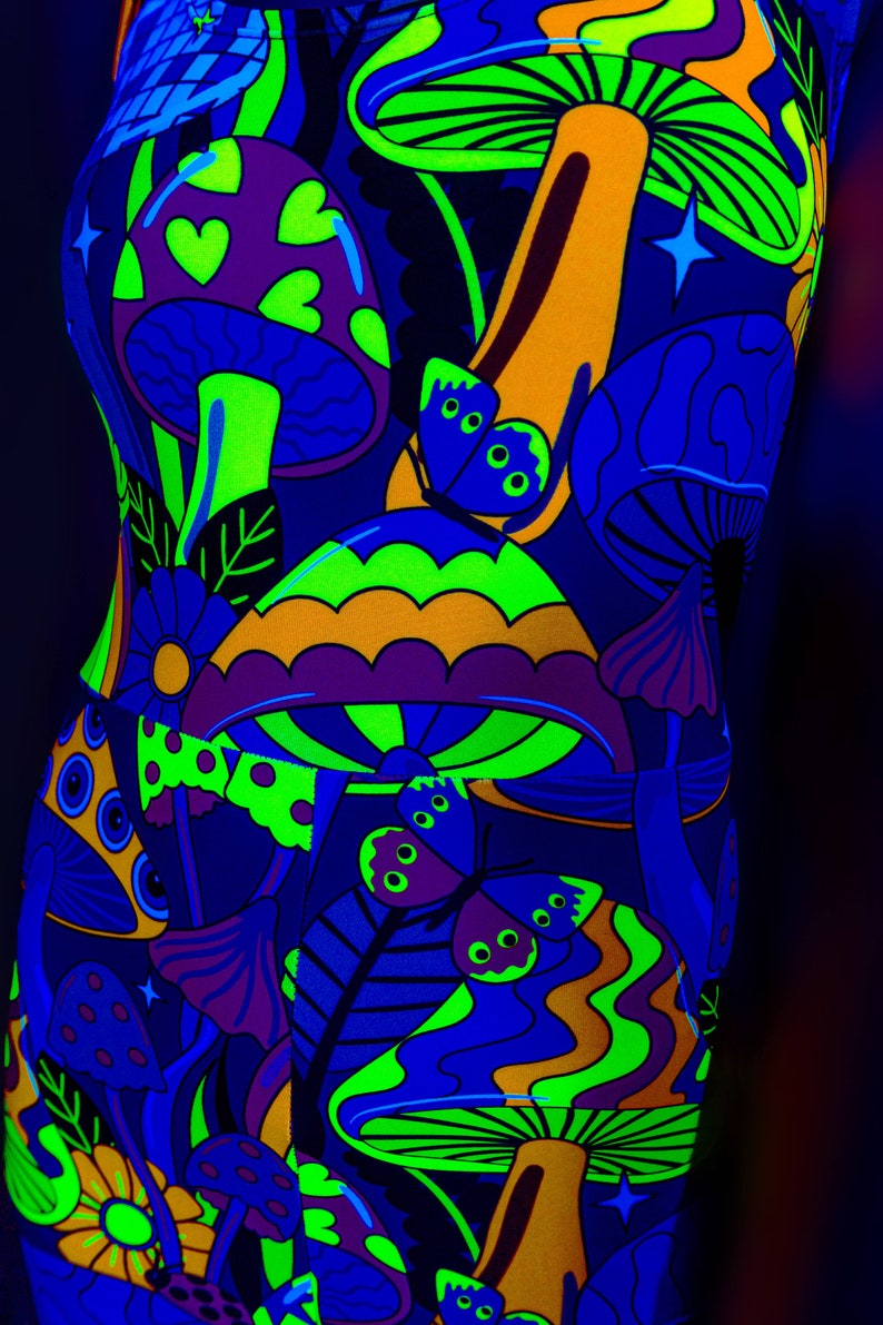 May include: A black background with a psychedelic pattern of mushrooms and butterflies in neon green, orange, purple, and blue colors.