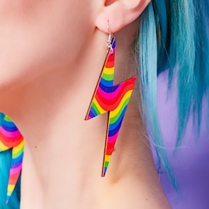 Rainbow Mega Bolt Dangle Earrings statement jewellery, lightweight, festival, big colourful earrings image 1