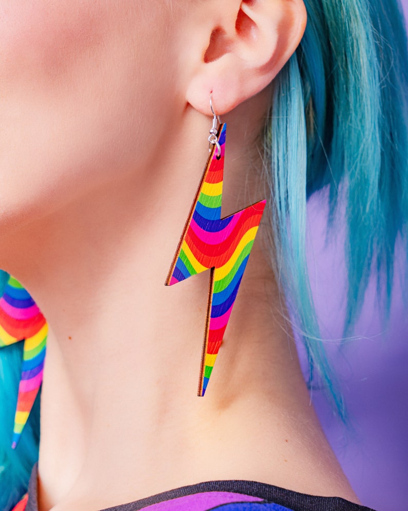 Rainbow Mega Bolt Dangle Earrings statement jewellery, lightweight, festival, big colourful earrings image 1