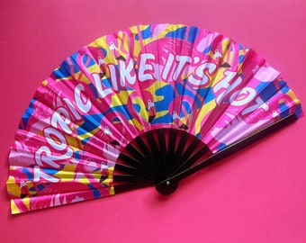 Flamingo Fiesta Large Hand Fan - Clacking folding statement fan, rave, festival, party, unique design