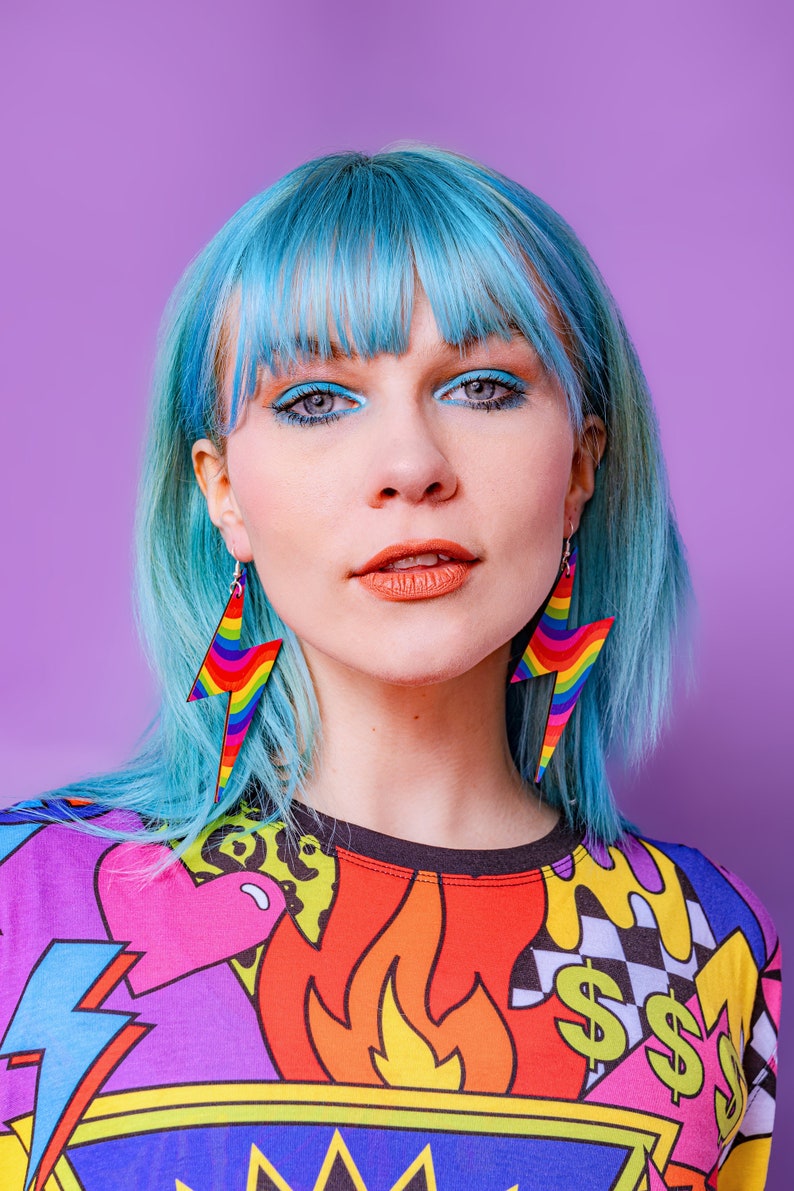 Rainbow Mega Bolt Dangle Earrings statement jewellery, lightweight, festival, big colourful earrings image 2