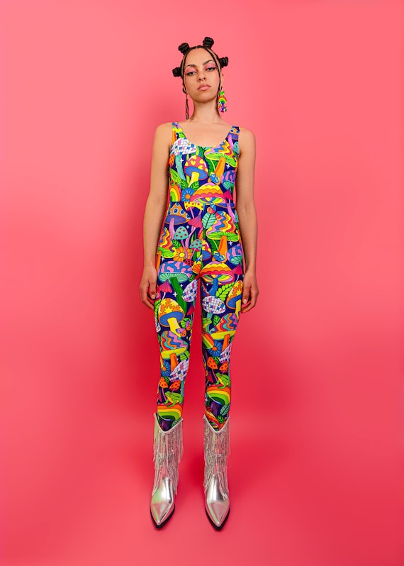 Wild Wood Disco Mushroom Catsuit - UV reactive, eco recycled spandex, festival outfit, rave, psychedelic, magic mushroom print
