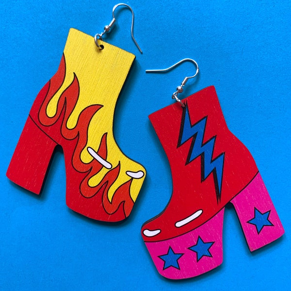 Electric Boots Dangle Earrings (Flame and Lightening Bolt) - fun statement jewellery, large, lightweight